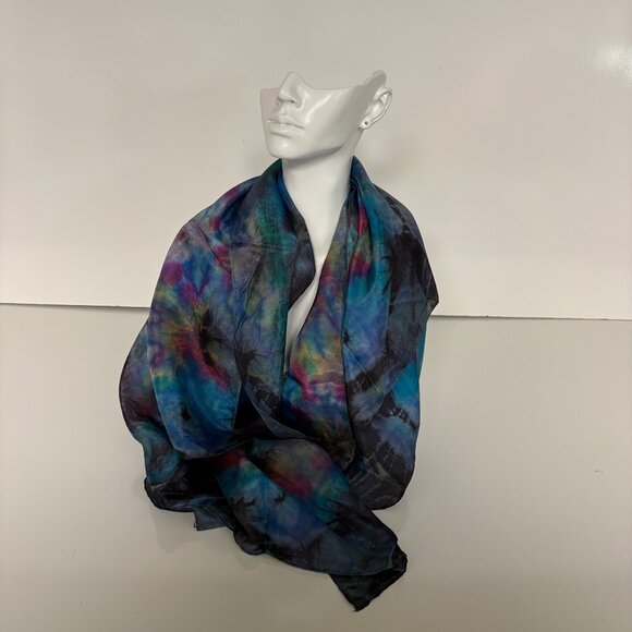 Handsewn Pure Silk Scarf Vibrant Multicolor Tie-Dye Design Fashion Accessory - Picture 5 of 7